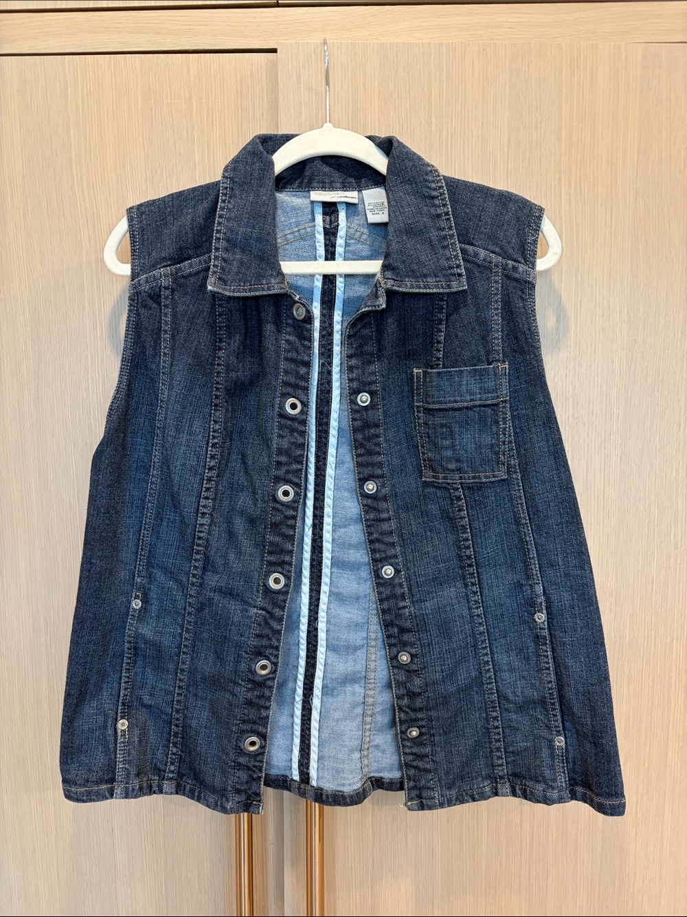 Chico's Dark Blue Denim Sleeveless Vest with Contrast Interior Trim